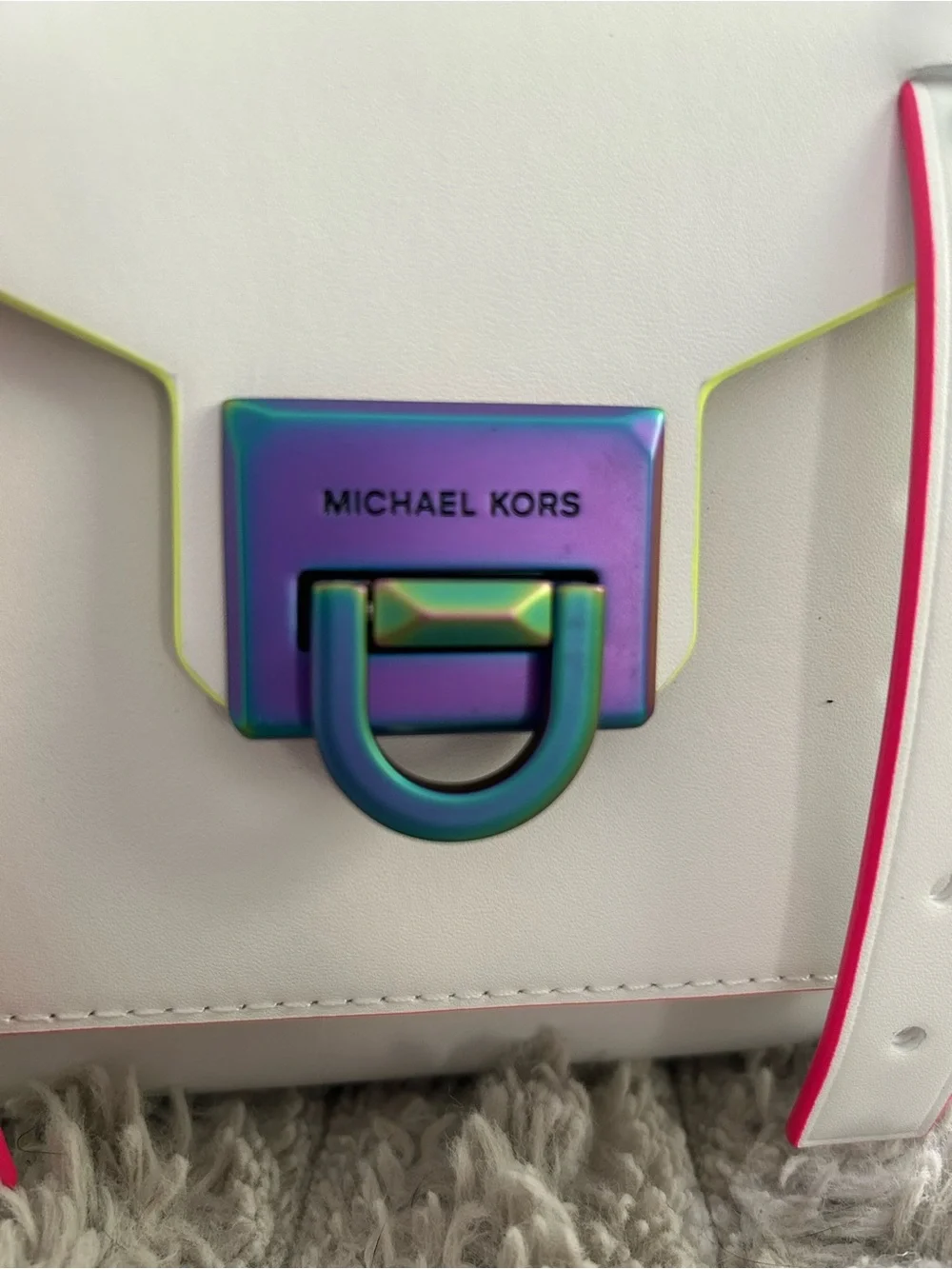 Michael Kors Manhattan Neon Rainbow Leather Satchel Optic White NWT